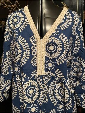 New Boho Navy Blue Printed Midi Dress with Cream Crochet V-Neck